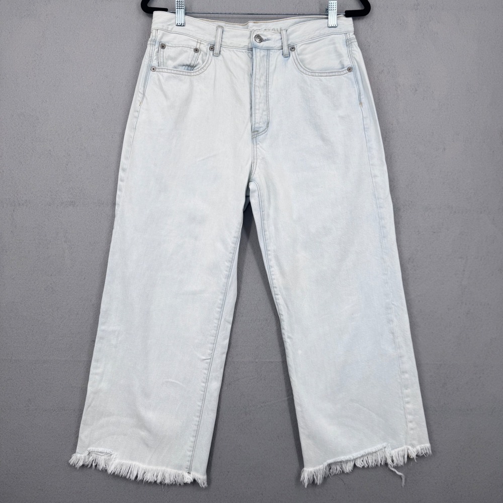 American Eagle Wide Leg Crop Jeans Womens 10 Light Wash Frayed Hem Boho Retro